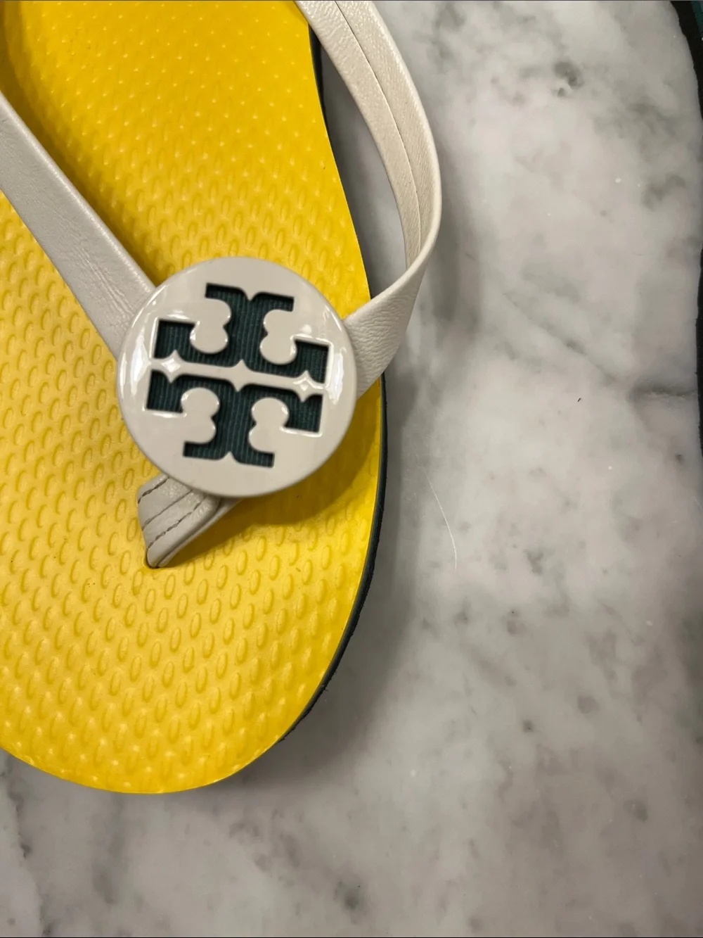 Tory Burch Yellow Flip Flop Sandals with White Straps and Logo